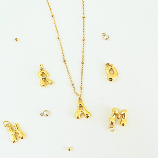 14K Gold Plated Bubble Letter Initial Necklace | Personalized Alphabet Charm Gemstone Necklace
