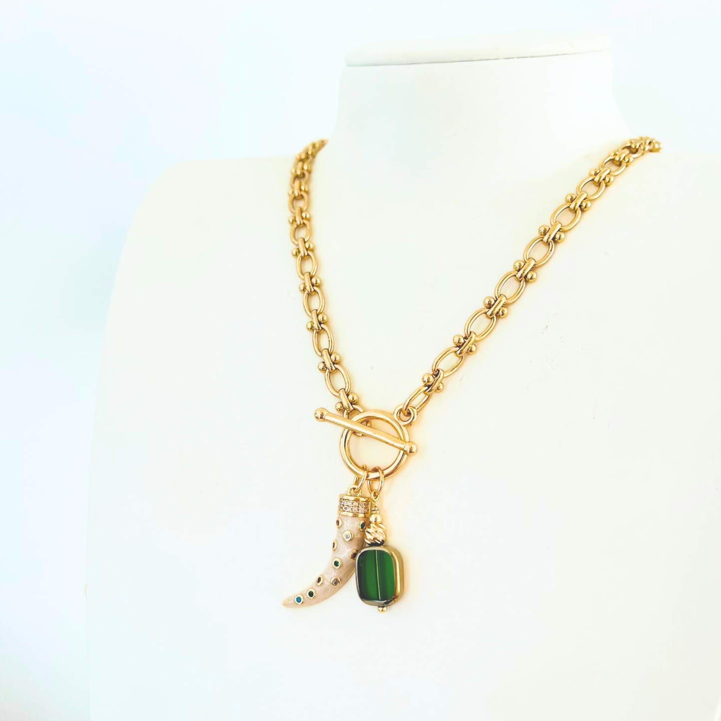 Toggle Clasp Chunky Necklace | Multi-Colour Tusk & Green Glass Bead Pendant | 14K Gold Plated Necklace