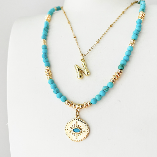 Turquoise Gemstone Necklace with Gold-Plated Evil Eye Pendant