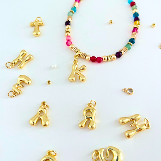 Customizable Colorful Agate Bubble Letter Pendant Initial Charm Gemstone Necklace