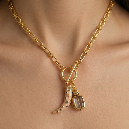 Toggle Clasp Chunky Necklace | Multi-Colour Tusk & Glass Bead Pendant | 14K Gold Plated Necklace