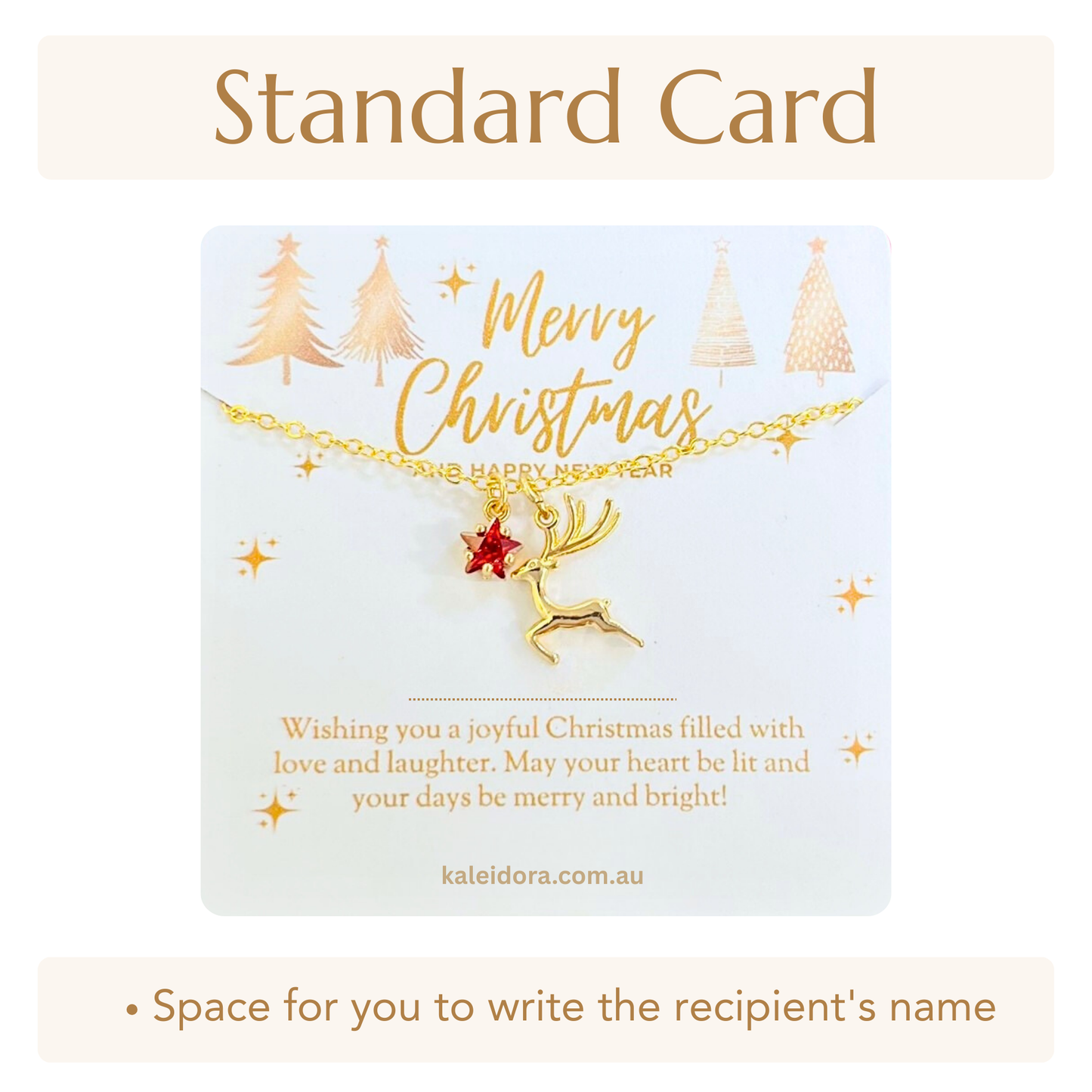 Red Star Christmas Necklace with Gold Card - Snowflake, Pinecone & Reindeer Charm