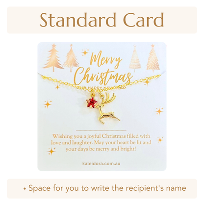 Red Star Christmas Necklace with Gold Card - Snowflake, Pinecone & Reindeer Charm