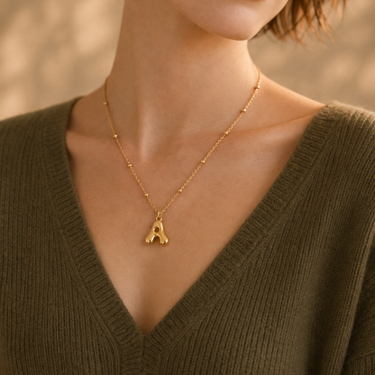 14K Gold Plated Bubble Letter Initial Necklace | Personalized Alphabet Charm Gemstone Necklace