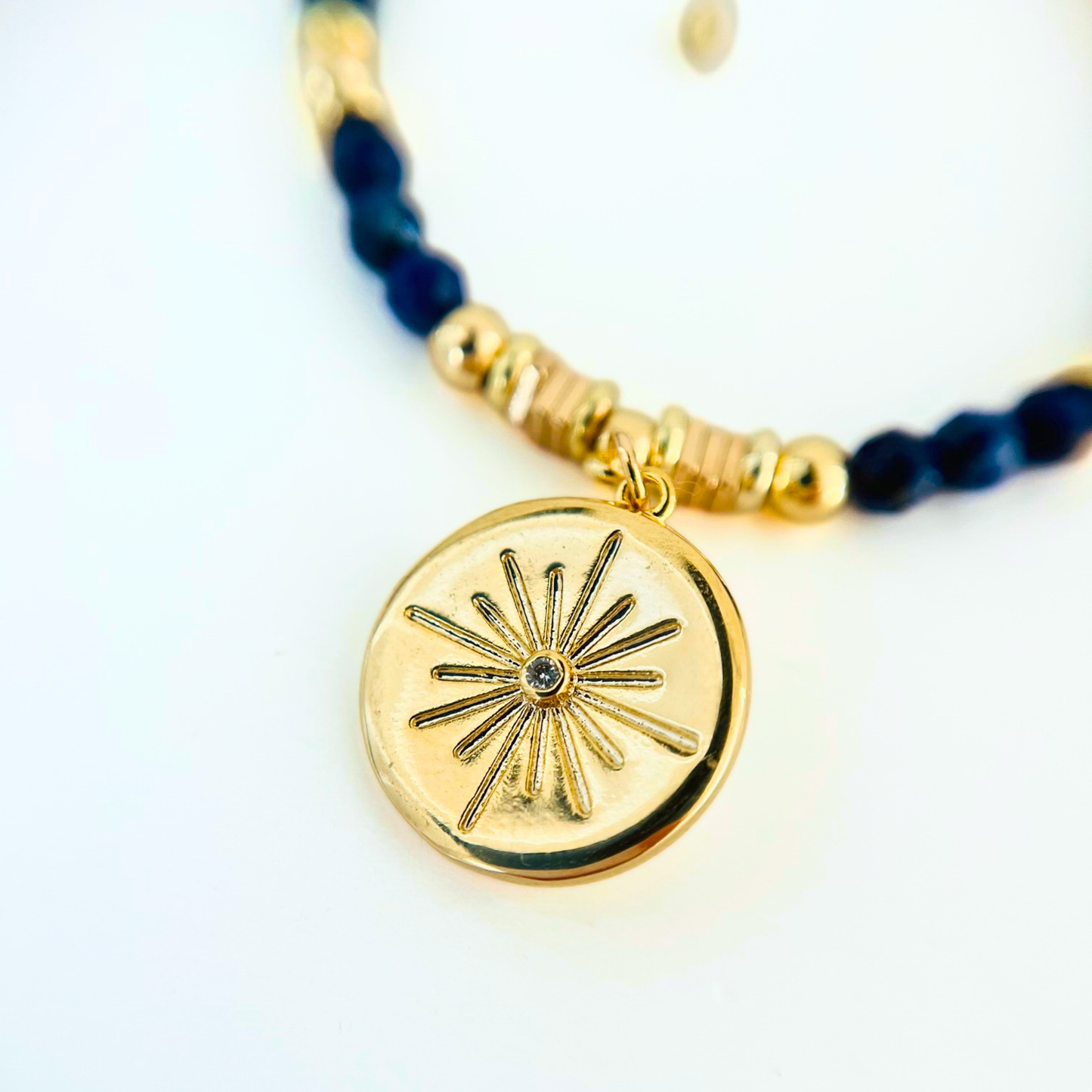 Lapis Lazuli Gemstone Necklace with Gold Plated CZ Star Round Pendant