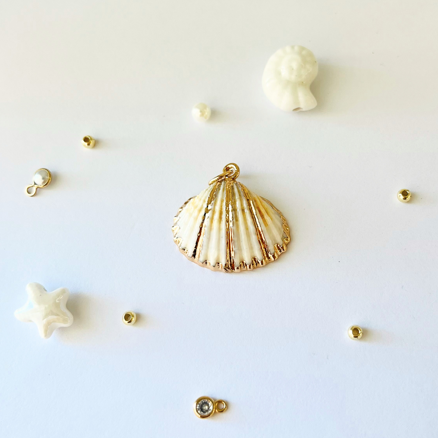 Natural White Cockles Shell Pendant | Gold Edged Charm Pendant