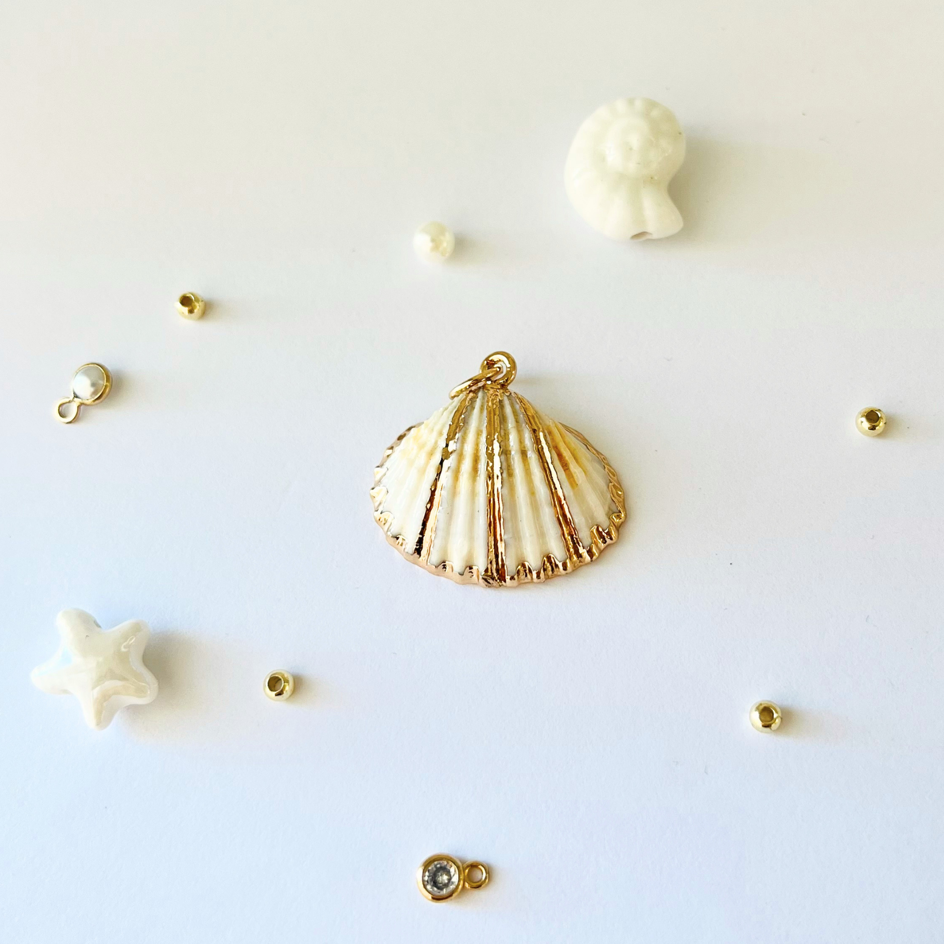 Natural White Cockles Shell Pendant | Gold Edged Charm Pendant