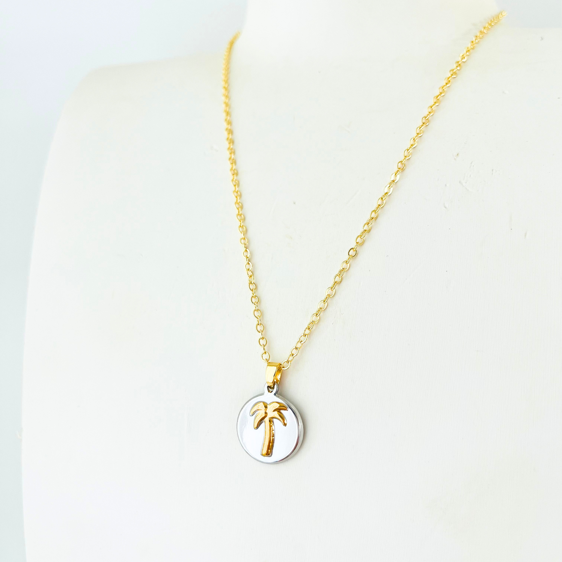 Two-Tone Palm Tree Necklace | Gold Plated Chain with Water-Resistant Pendant Necklace