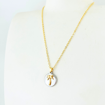 Two-Tone Palm Tree Necklace | Gold Plated Chain with Water-Resistant Pendant Necklace