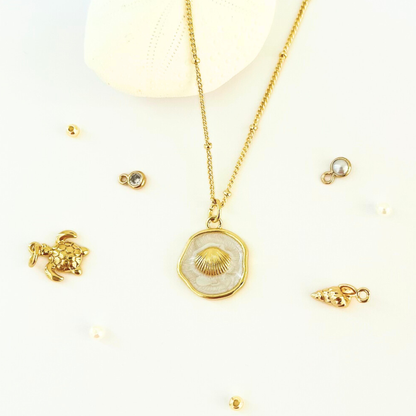 Ocean Charm Cockles Shell Enamel Pendant Necklace - Gold Plated Layering Jewellery