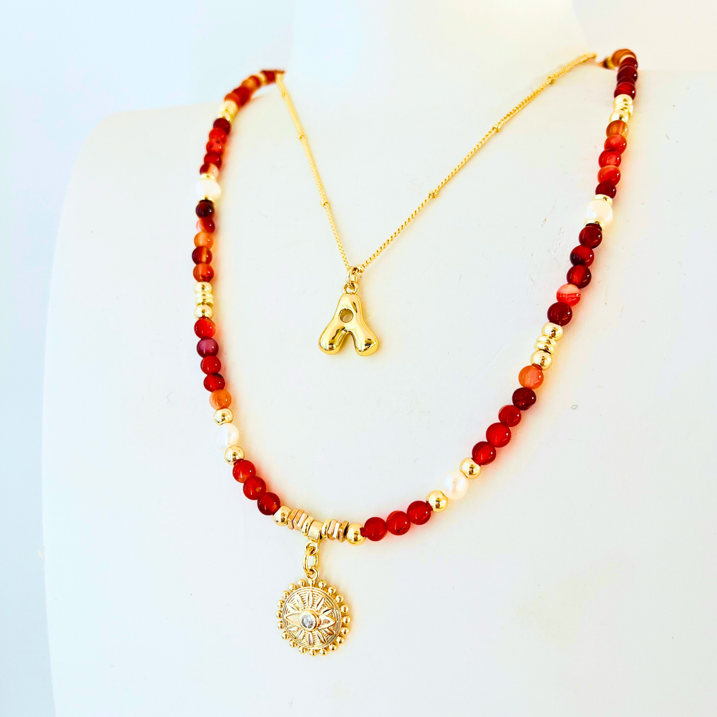 Carnelian Gemstone & Evil Eye Flower Pendant Necklace | Gold Evil Eye & Nugget Pearls Gemstone Necklace