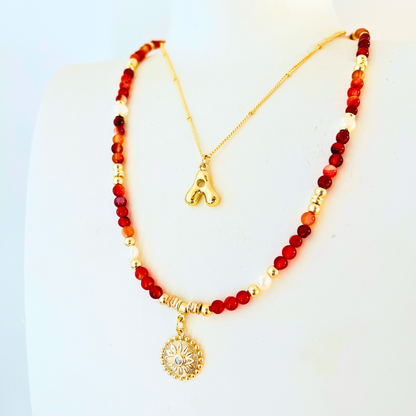 Carnelian Gemstone & Evil Eye Flower Pendant Necklace | Gold Evil Eye & Nugget Pearls Gemstone Necklace