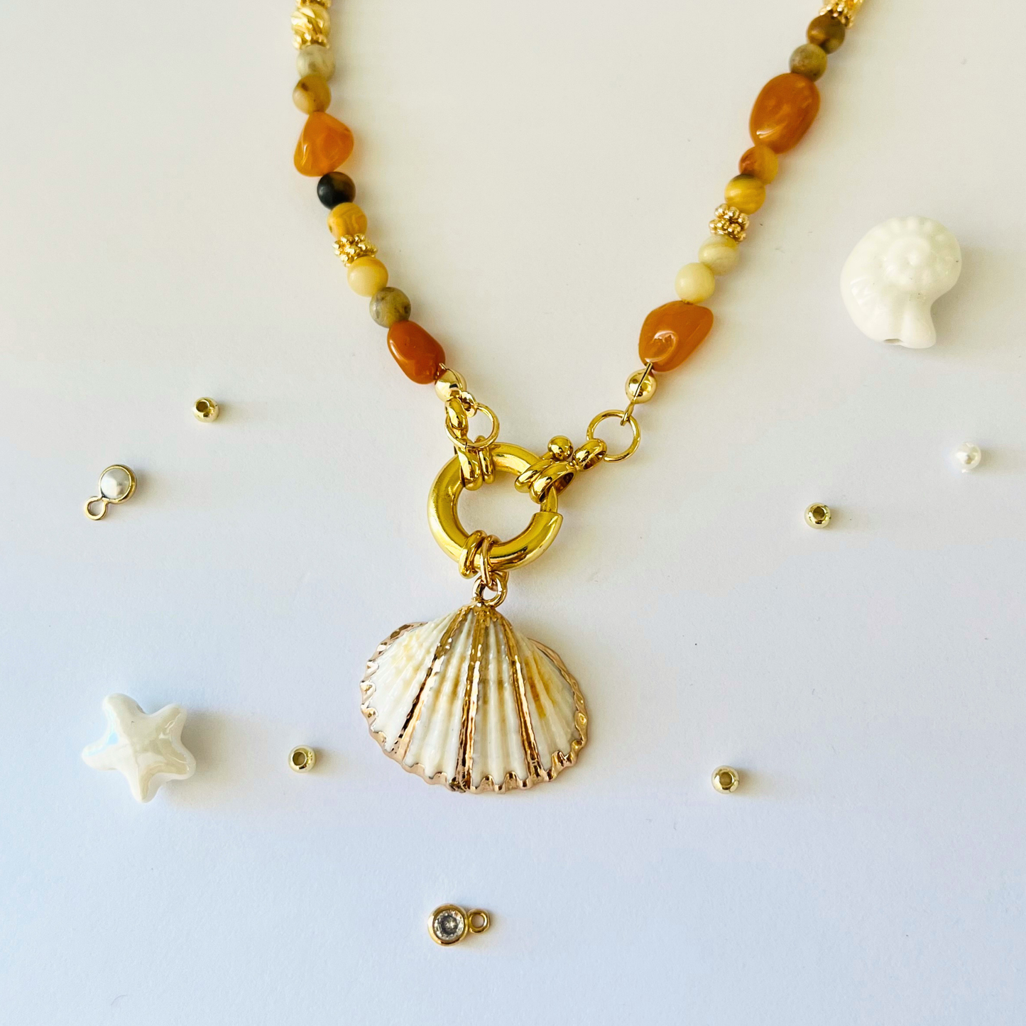 Natural White Cockles Shell Pendant | Gold Edged Charm Pendant