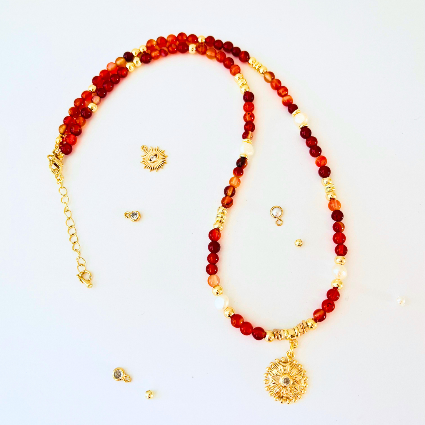 Carnelian Gemstone & Evil Eye Flower Pendant Necklace | Gold Evil Eye & Nugget Pearls Gemstone Necklace