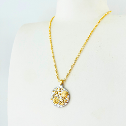 Two-Tone Ocean Coin Necklace | Gold Plated Chain with Water-Resistant Pendant Necklace