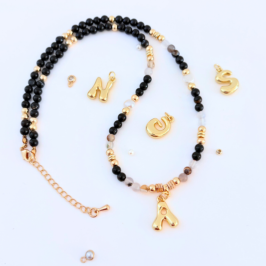 Black & Montana Agate Natural Gemstone Necklace Customizable Bubble Letter Pendant Initial Charm Gemstone Necklace