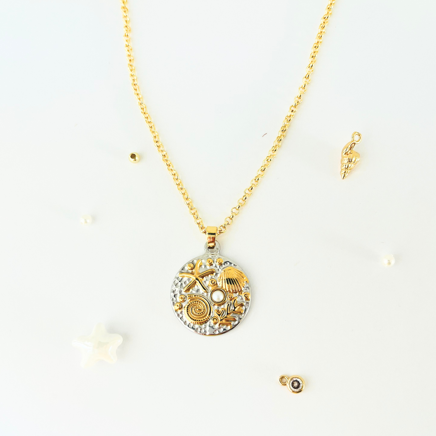 Two-Tone Ocean Coin Necklace | Gold Plated Chain with Water-Resistant Pendant Necklace