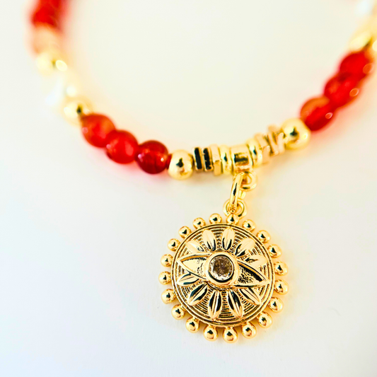 Carnelian Gemstone & Evil Eye Flower Pendant Necklace | Gold Evil Eye & Nugget Pearls Gemstone Necklace