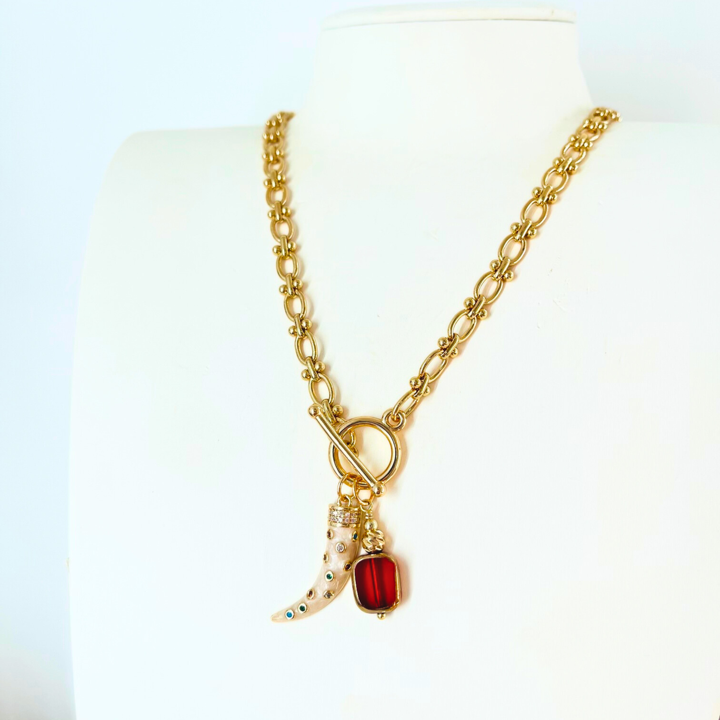 Toggle Clasp Chunky Necklace | Multi-Colour Tusk & Red Glass Bead Pendant | 14K Gold Plated Necklace