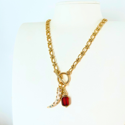 Toggle Clasp Chunky Necklace | Multi-Colour Tusk & Red Glass Bead Pendant | 14K Gold Plated Necklace