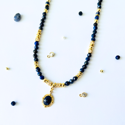 Loyal Blue Lapis Lazuli Gemstone Necklace | Vintage Gold Plated Pendant with Inset Stone Gemstone Necklace