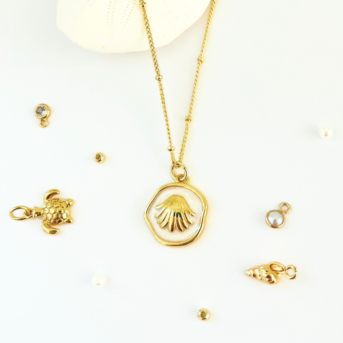 Ocean Charm Shell Enamel Pendant Necklace - Gold Plated Layering Jewellery