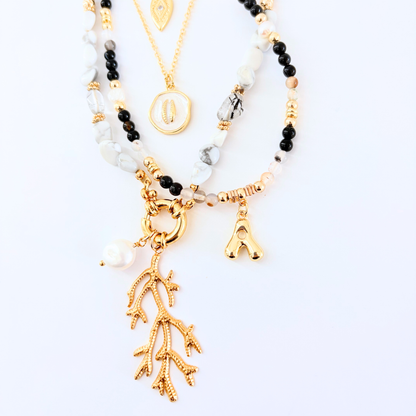 Black & Montana Agate Natural Gemstone Necklace Customizable Bubble Letter Pendant Initial Charm Gemstone Necklace
