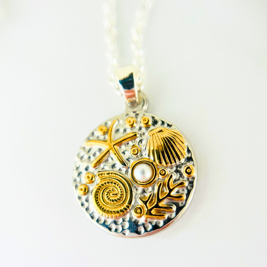 Two-Tone Ocean Coin Necklace | Gold Plated Chain with Water-Resistant Pendant Necklace