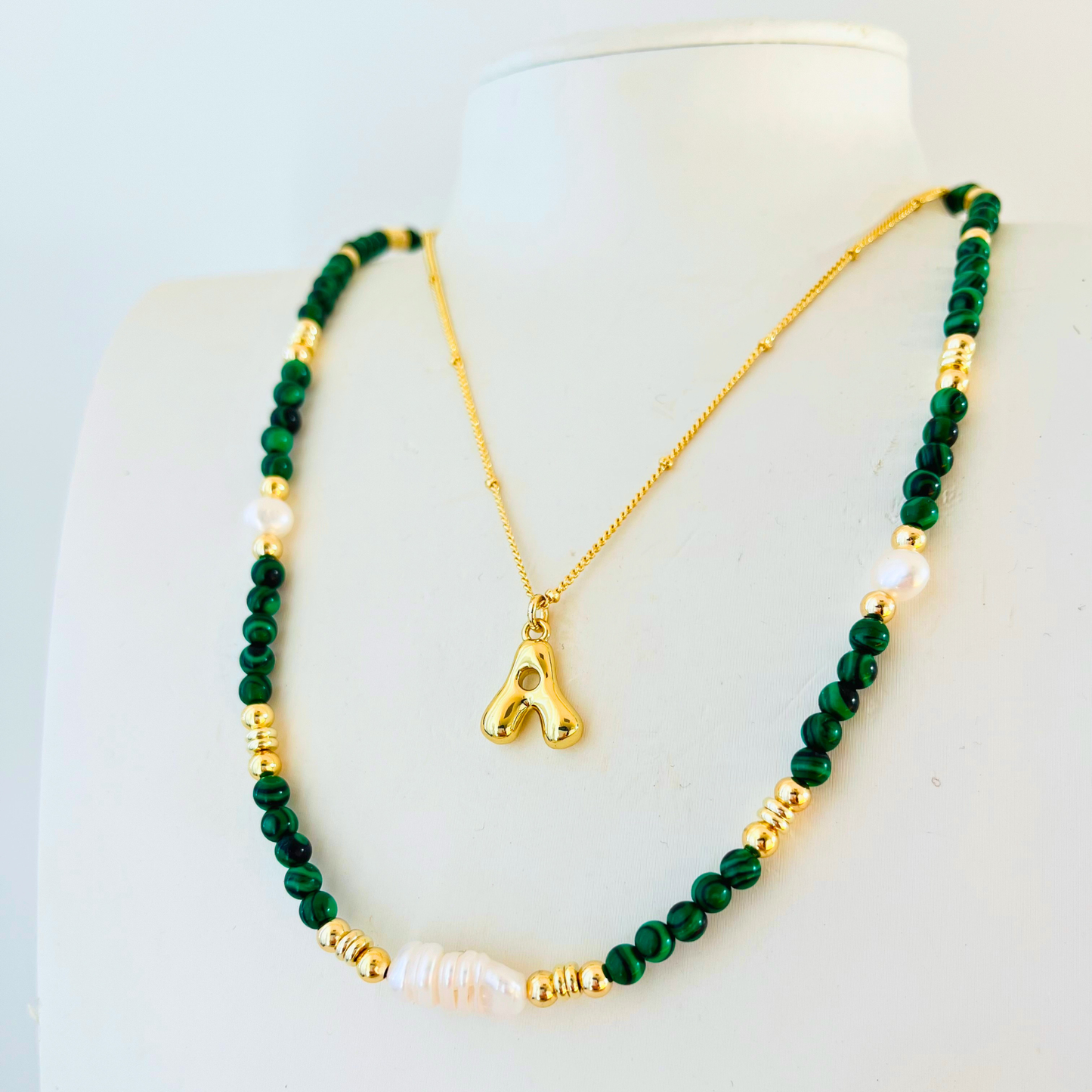 Malachite & Baroque Pearl Necklace | Ribbed Biwa & Nugget Pearls Gemstone Necklace
