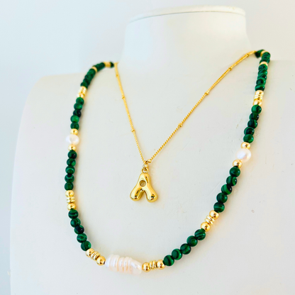 Malachite & Baroque Pearl Necklace | Ribbed Biwa & Nugget Pearls Gemstone Necklace