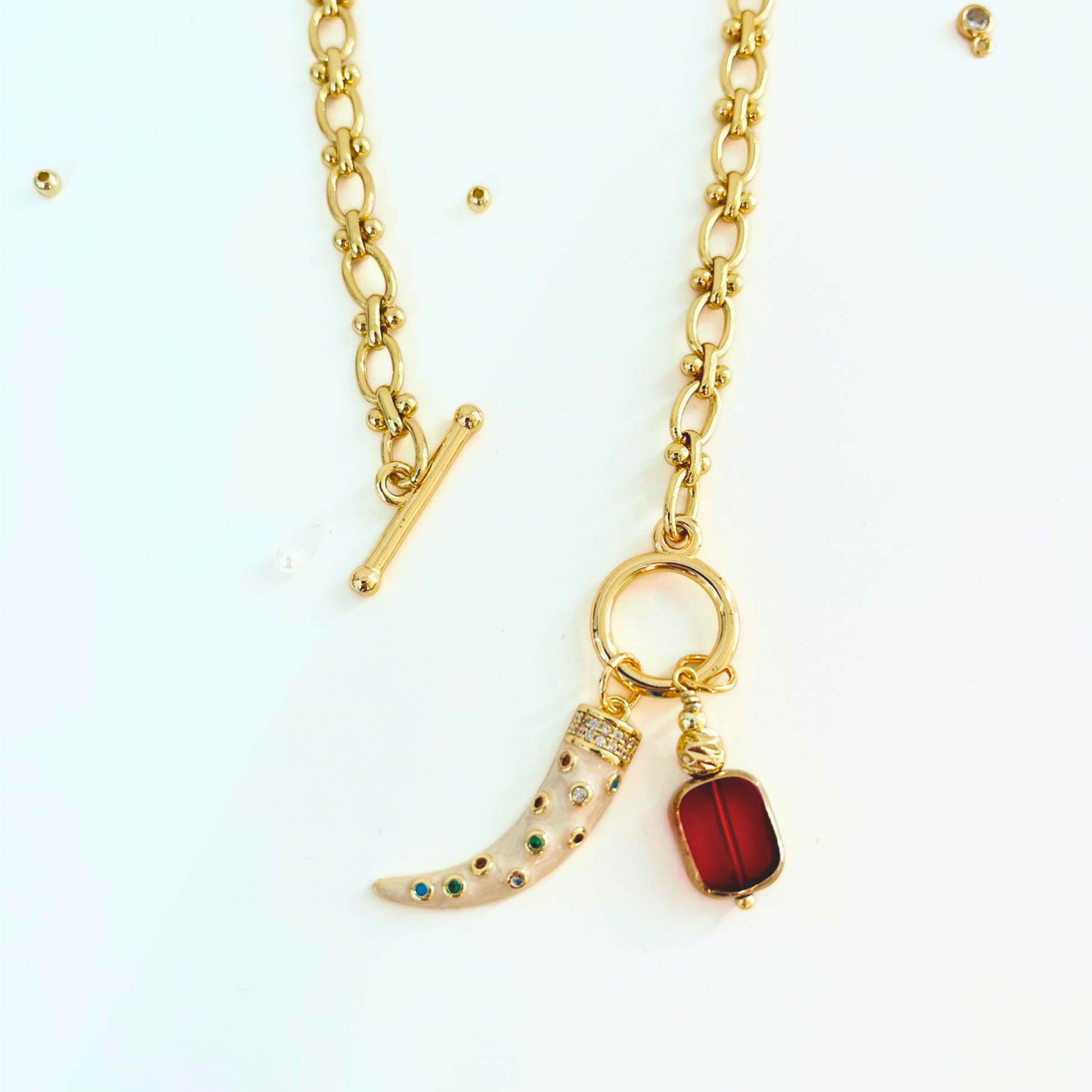 Toggle Clasp Chunky Necklace | Multi-Colour Tusk & Red Glass Bead Pendant | 14K Gold Plated Necklace