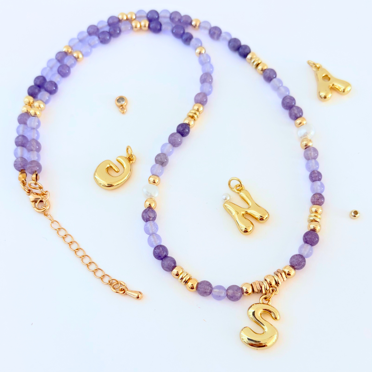 Lavender Purple Chalcedony Gemstone Necklace Customizable Bubble Letter Pendant Initial Charm Gemstone Necklace