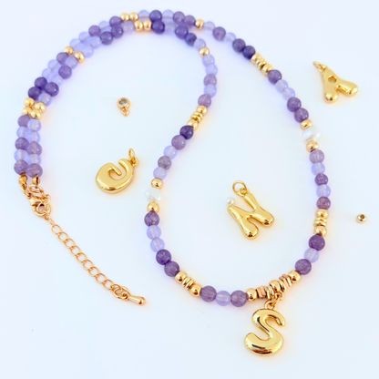 Lavender Purple Chalcedony Gemstone Necklace Customizable Bubble Letter Pendant Initial Charm Gemstone Necklace