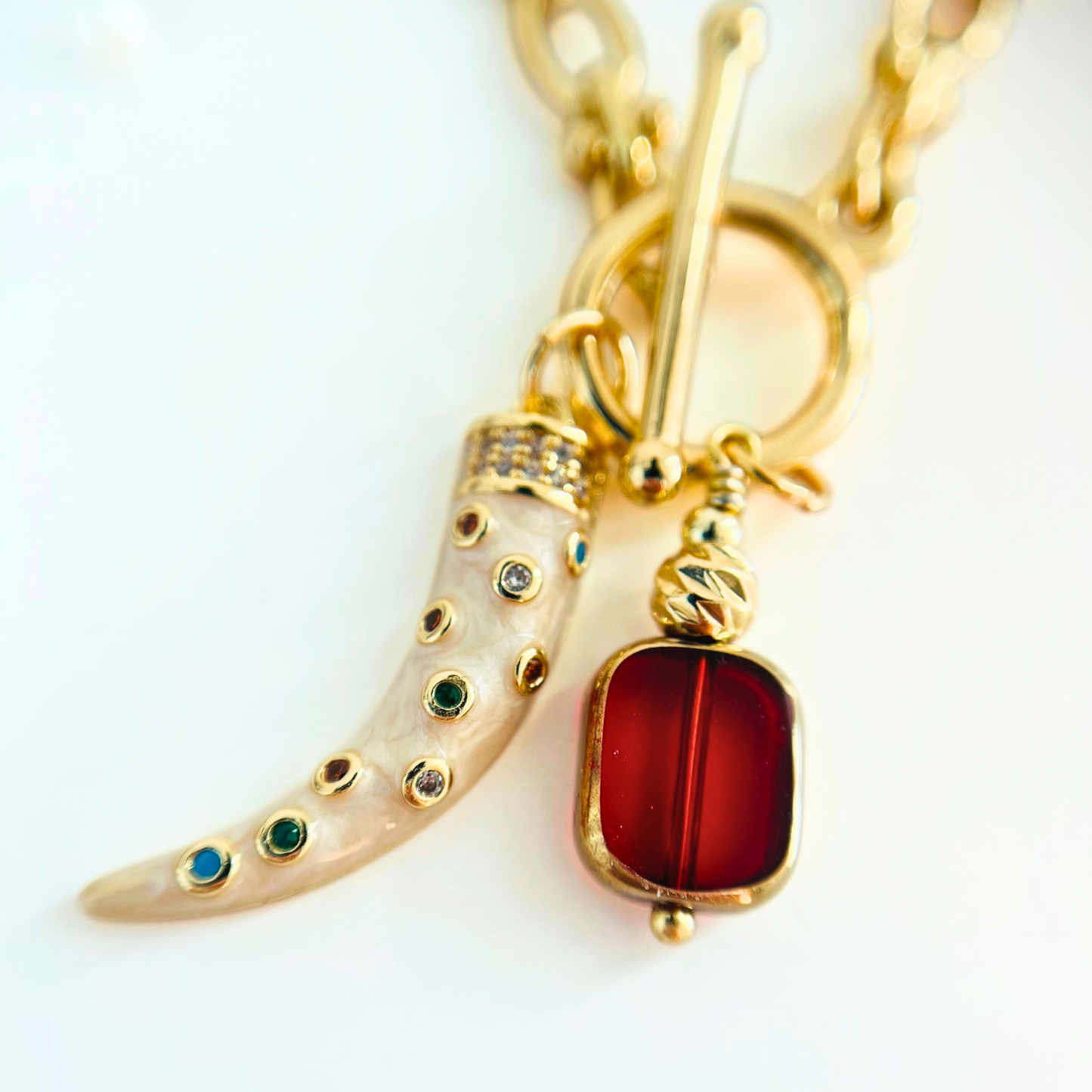 Toggle Clasp Chunky Necklace | Multi-Colour Tusk & Red Glass Bead Pendant | 14K Gold Plated Necklace