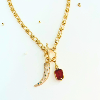 Toggle Clasp Chunky Necklace | Multi-Colour Tusk & Red Glass Bead Pendant | 14K Gold Plated Necklace