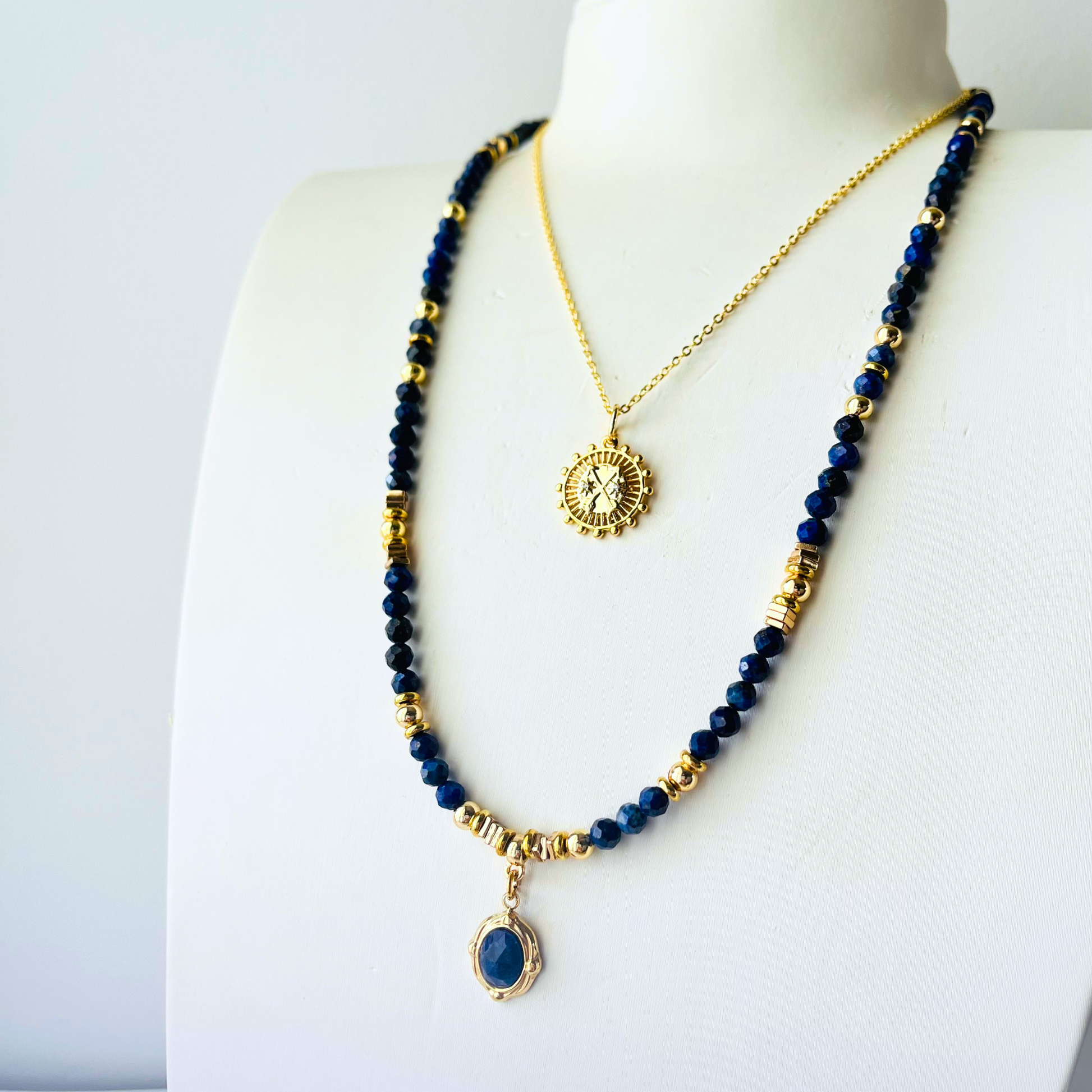 Loyal Blue Lapis Lazuli Gemstone Necklace | Vintage Gold Plated Pendant with Inset Stone Gemstone Necklace
