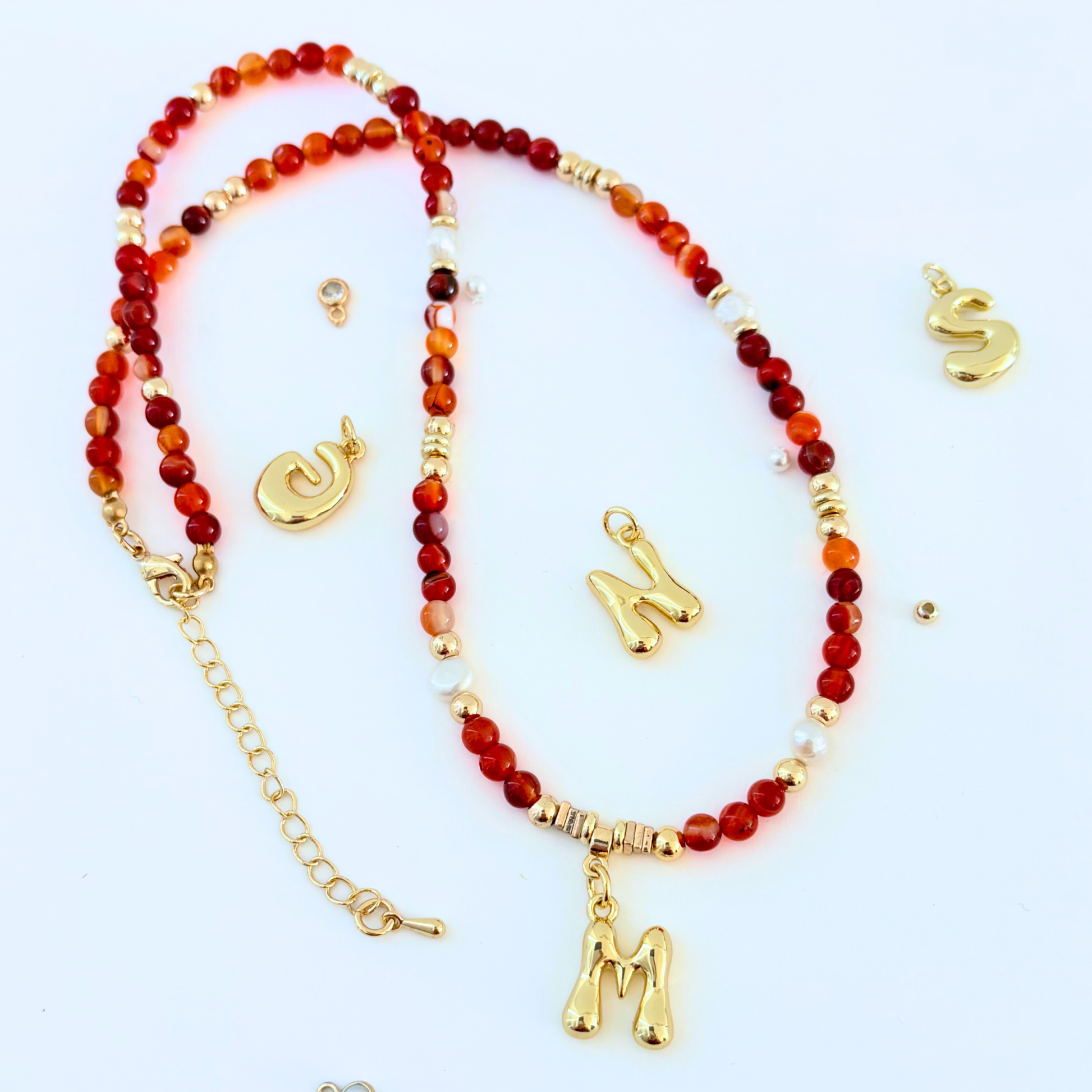 Red Carnelian Gemstone Necklace Customizable Bubble Letter Pendant Initial Charm Gemstone Necklace