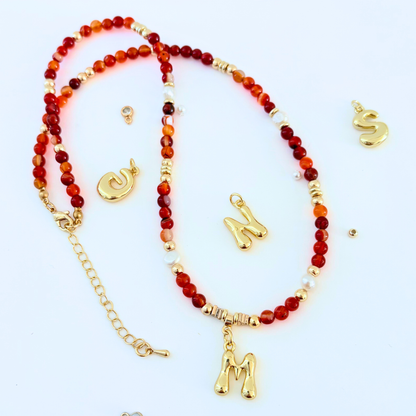 Red Carnelian Gemstone Necklace Customizable Bubble Letter Pendant Initial Charm Gemstone Necklace