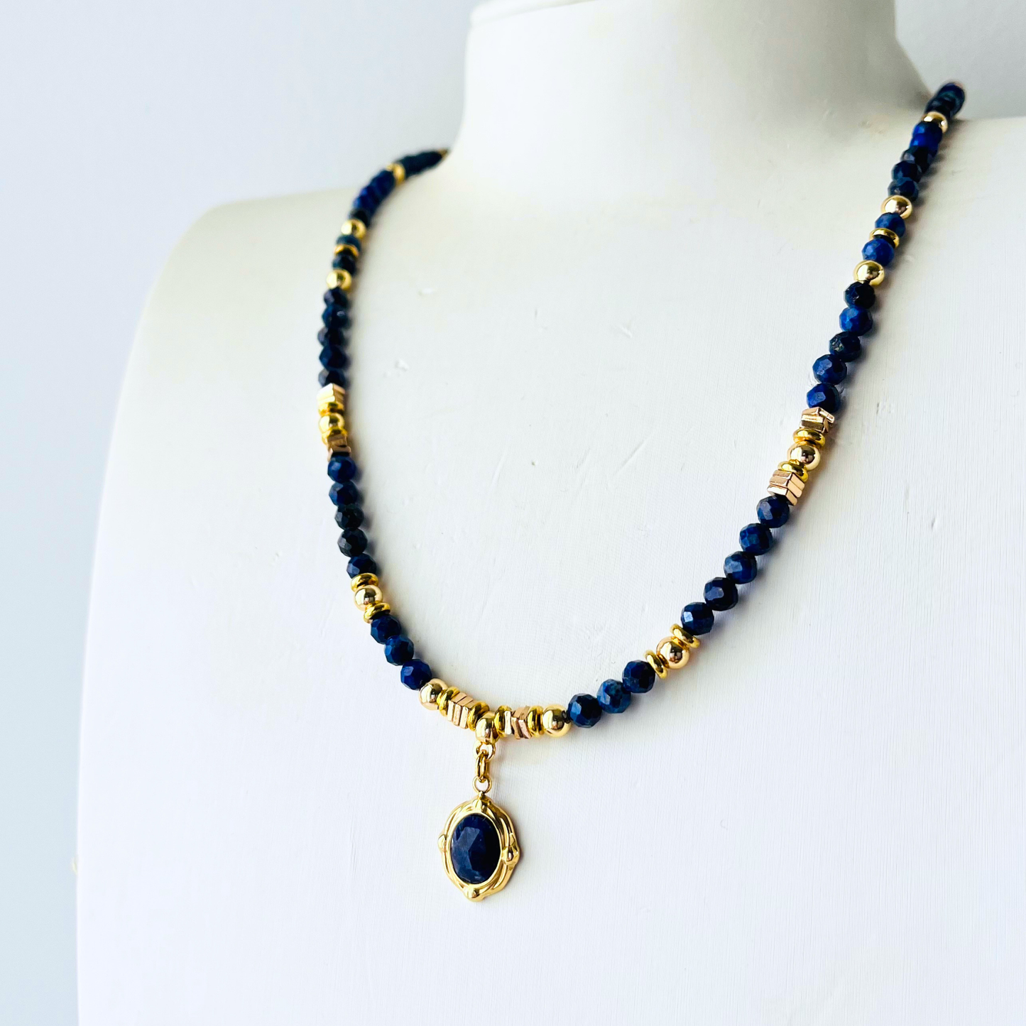 Loyal Blue Lapis Lazuli Gemstone Necklace | Vintage Gold Plated Pendant with Inset Stone Gemstone Necklace