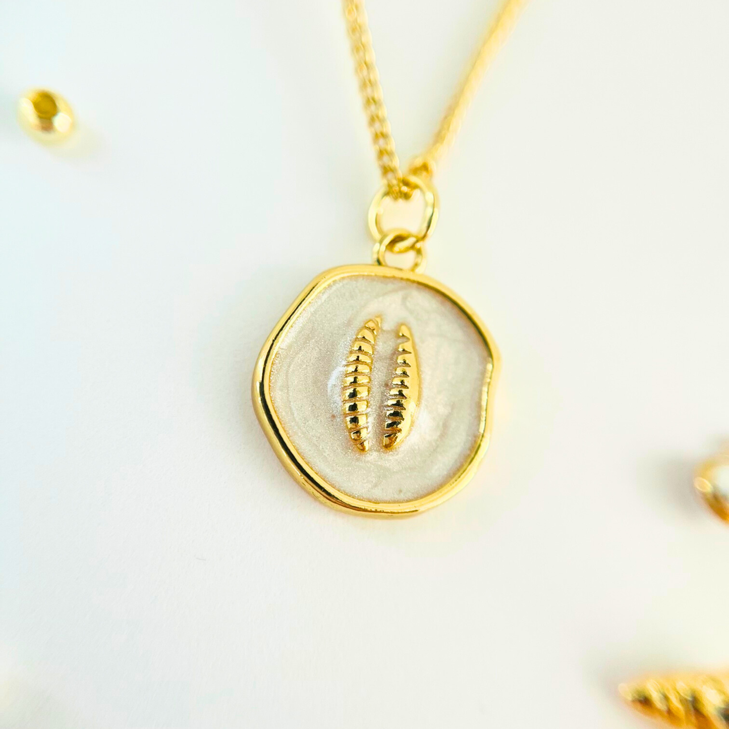 Ocean Charm Cowrie Shell Enamel Pendant Necklace - Gold Plated Layering Jewellery