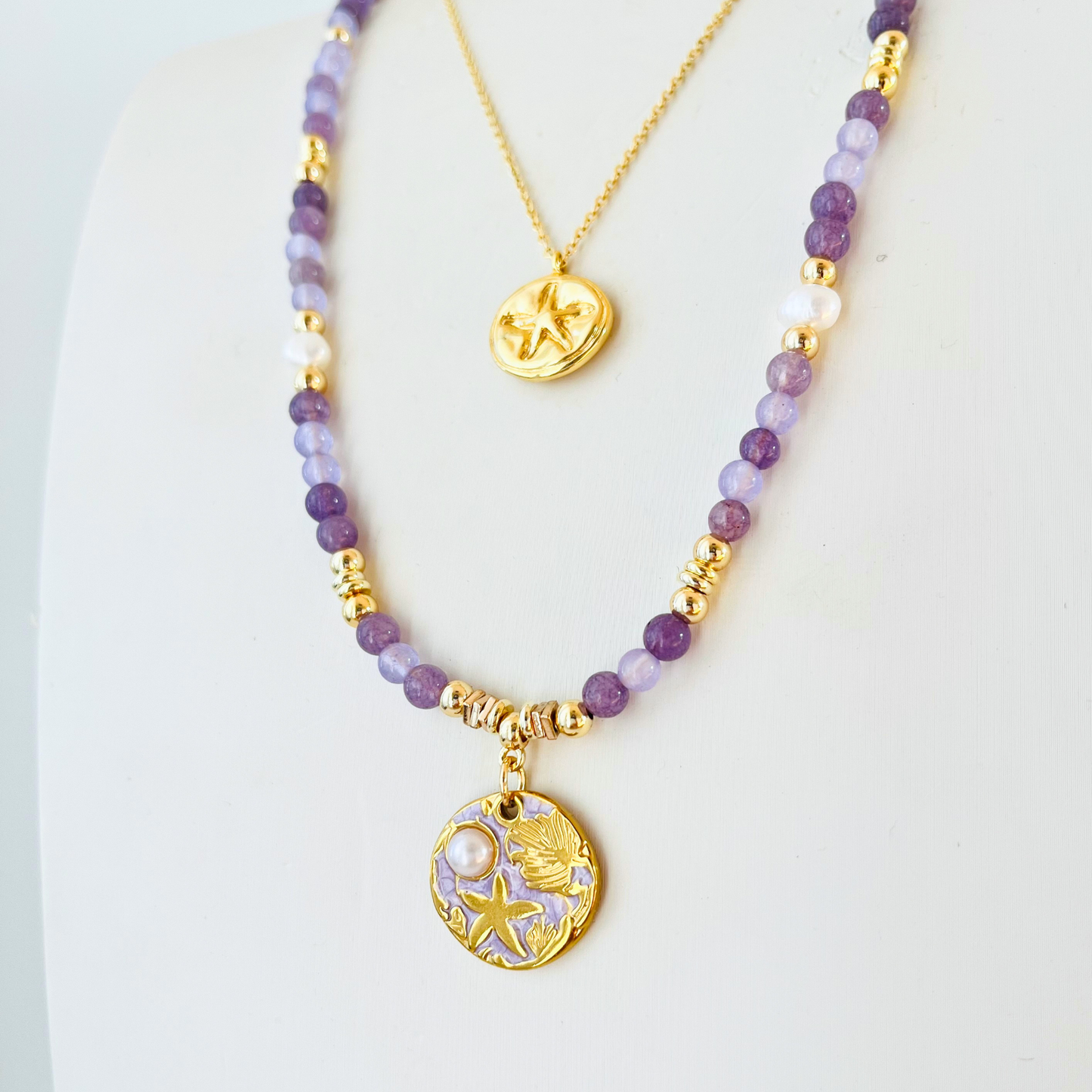 Lavender Chalcedony Necklace | Gold Ocean Treasures & Pearl Pendant Gemstone Necklace