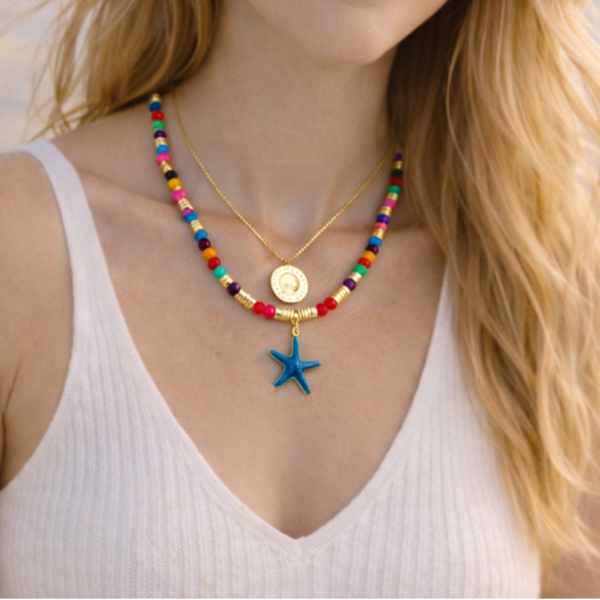 Colourful Agate & Natural Gemstone Necklace | Blue Starfish Pendant | Ocean Collection Gemstone Necklace