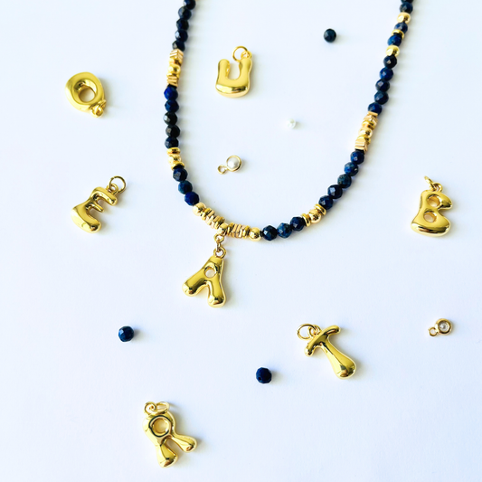 Lapis Lazuli Gemstone Necklace Customizable Bubble Letter Pendant Initial Charm Gemstone Necklace