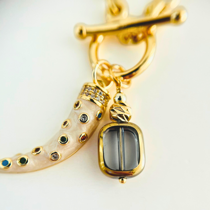 Toggle Clasp Chunky Necklace | Multi-Colour Tusk & Glass Bead Pendant | 14K Gold Plated Necklace