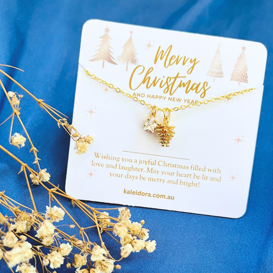 Clear Star Christmas Necklace with Gold Card - Snowflake, Pinecone & Reindeer Charm