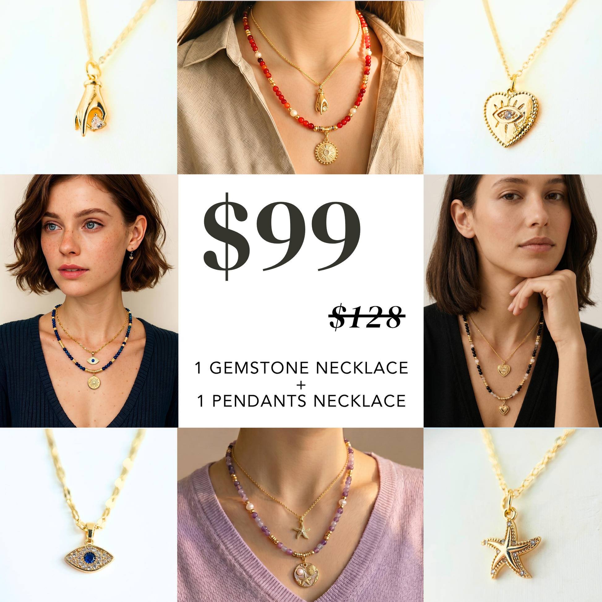 2-Piece Layering Set: 1 Natural Gemstone Necklace + 1 Pendant Necklace Gemstone Necklace
