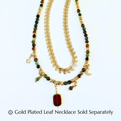 African Turquoise & Tiger Eye Gemstone Necklace - Boho Moon Star Charm