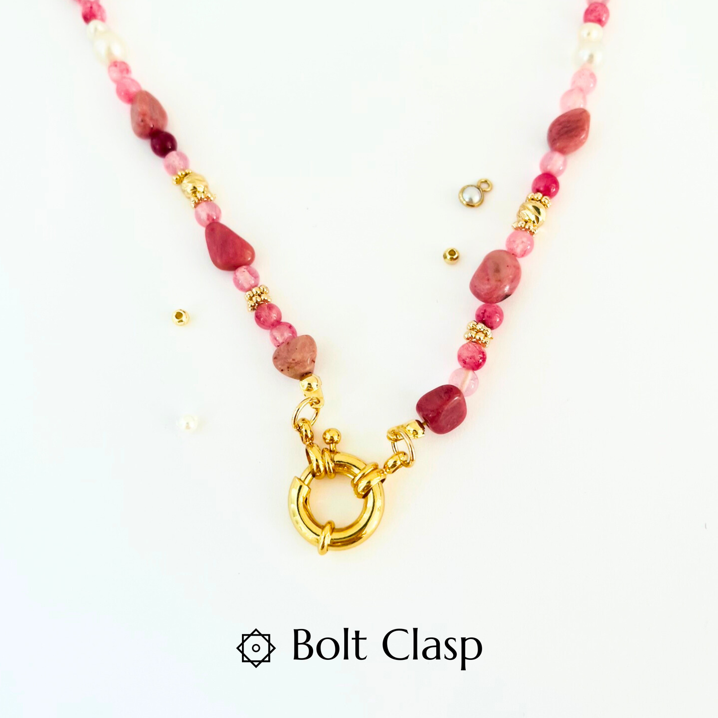 Pink Rhodochrosite and Pearl Natural Gemstone Necklace - Gold Plated Interchangeable Clasp Gemstone Necklace