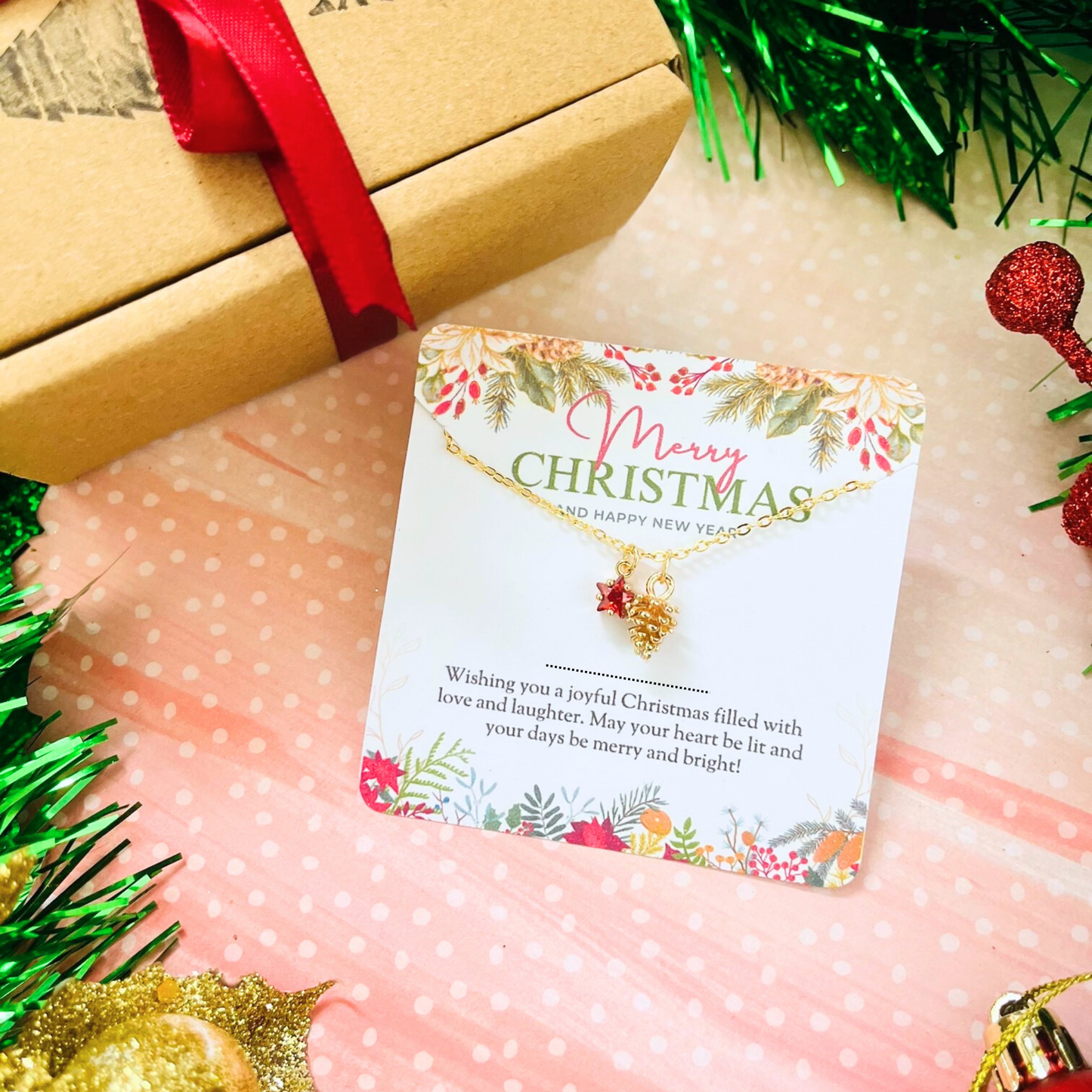 Red Star Christmas Necklace - Snowflake, Pinecone & Reindeer Charm