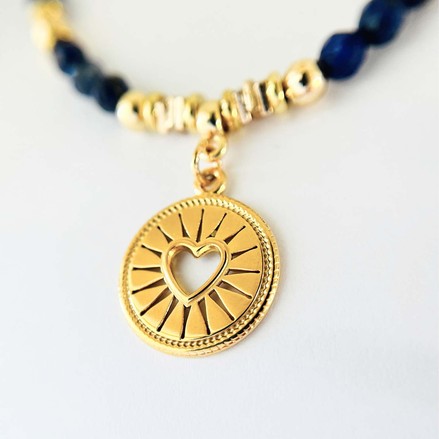 Lapis Lazuli Gemstone Necklace | Gold Plated Open Heart Circle Pendant Gemstone Necklace